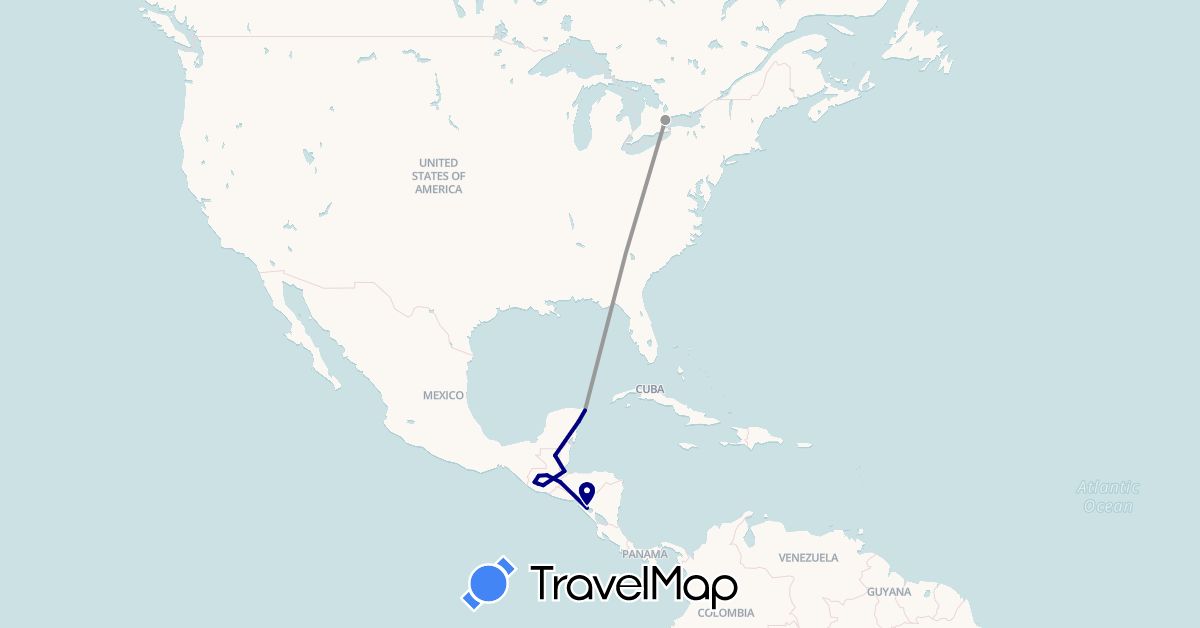 TravelMap itinerary: driving, plane in Canada, Guatemala, Honduras, Mexico, Nicaragua (North America)